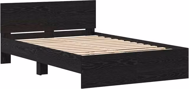 Berkfield Home Solid Wood Bed Frame with Headboard in Black Oak, W/D/H: 120 x 190 x 70 cm