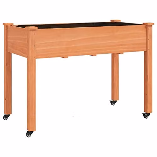 vidaXL Wheeled Planter with Liner in Brown Solid Fir Wood, W: 118 cm, D: 59 cm, H: 80 cm