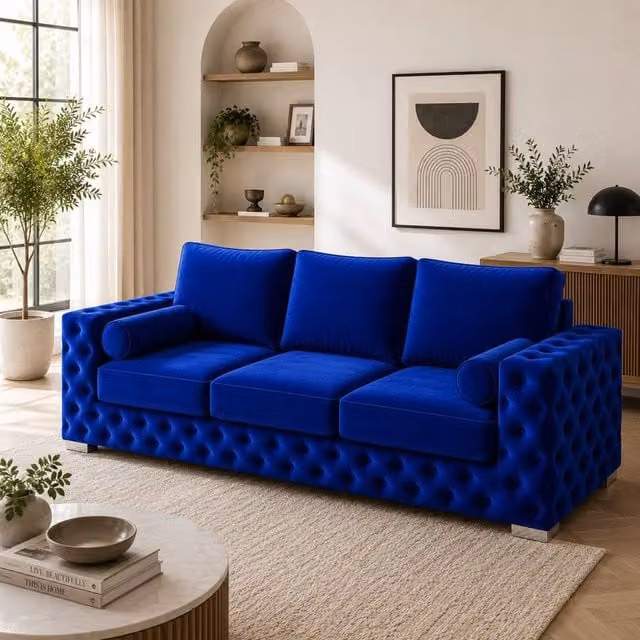 Stratus Interiors Ashley Luxury Chesterfield 3 Seater Fabric Upholstered Sofa in Royal Blue, W: 203.2 cm, H: 76.0 cm, D: 67.0 cm – 1