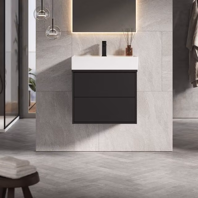 Banyetti Venti 600mm Wall Hung Vanity Unit with Veneto 1 Tap Hole Basin, Matt Black (W: 60 cm, D: 45 cm, H: 48 cm) – 1