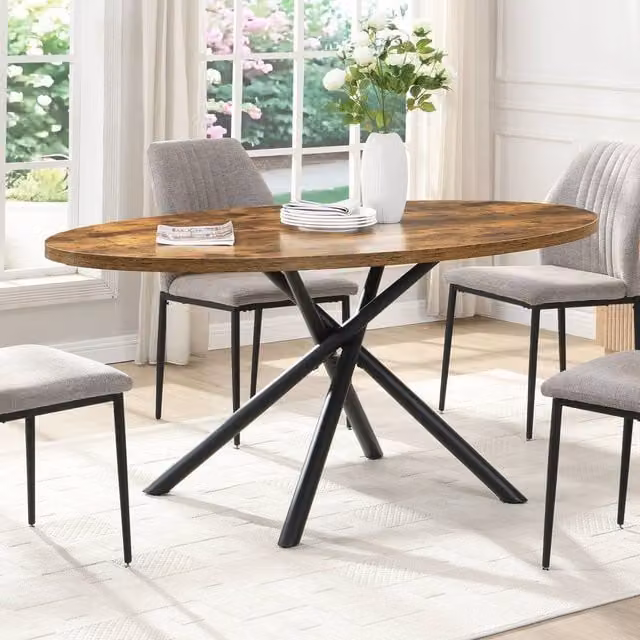 Mona Vale Furniture Modern Oval Dining Table with Brown Wood Top and Black Metal X-Frame Base