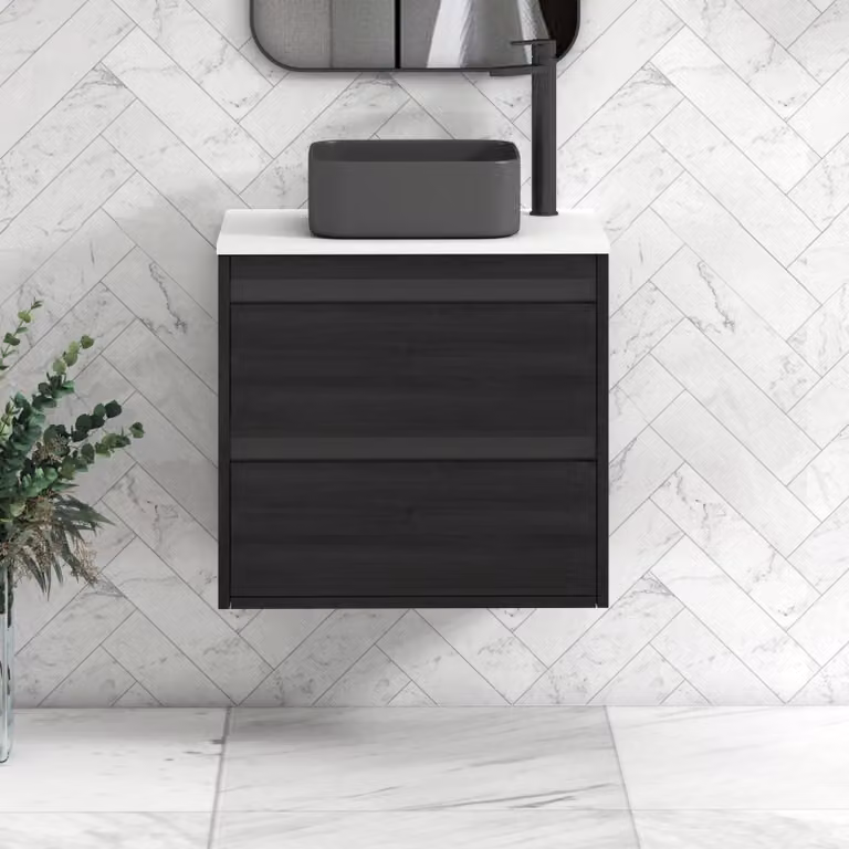 Royal Bathrooms Orion 600mm Hale Wall Hung Vanity Unit in Plain White with Art Square Basin and Black Accent Trim