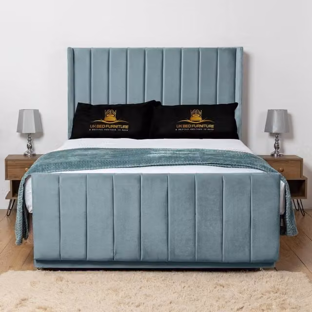 UK Bed Furniture Seoul Wingback Divan Bed Base with 54 Inch Headboard in Light Blue, King Size, W/D/H: 180 x 200 cm