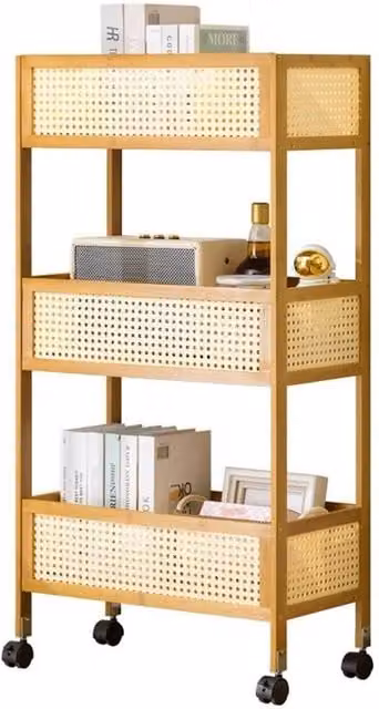 KORVIXA 3-Tier Mobile Trolley Storage Rack in Natural, W/D/H: 100 x 100 x 100 cm