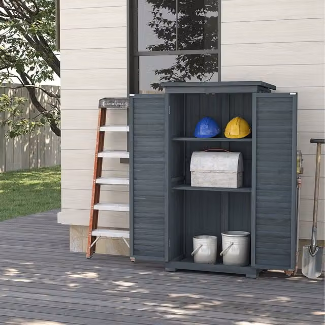 Outsunny Grey Wooden Garden Storage Shed with Shelving and Lock