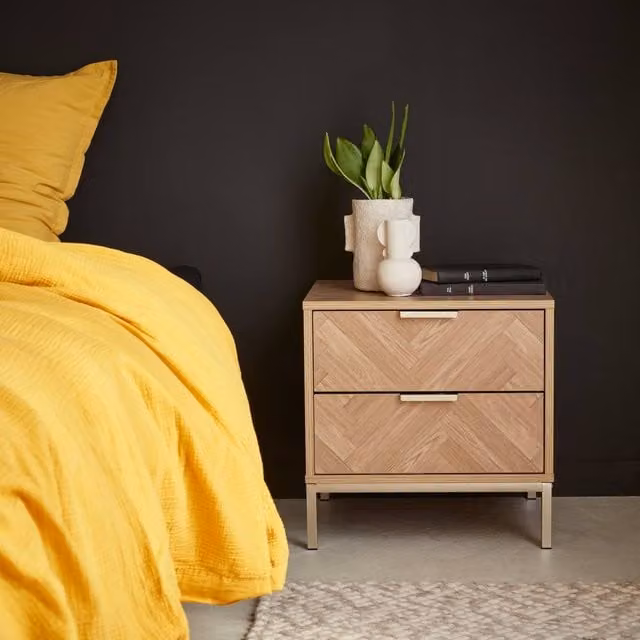 sweeek Wood-effect Bedside Table with Herringbone Pattern in Light Brown, W/D/H: 45 x 45 x 45 cm – 1