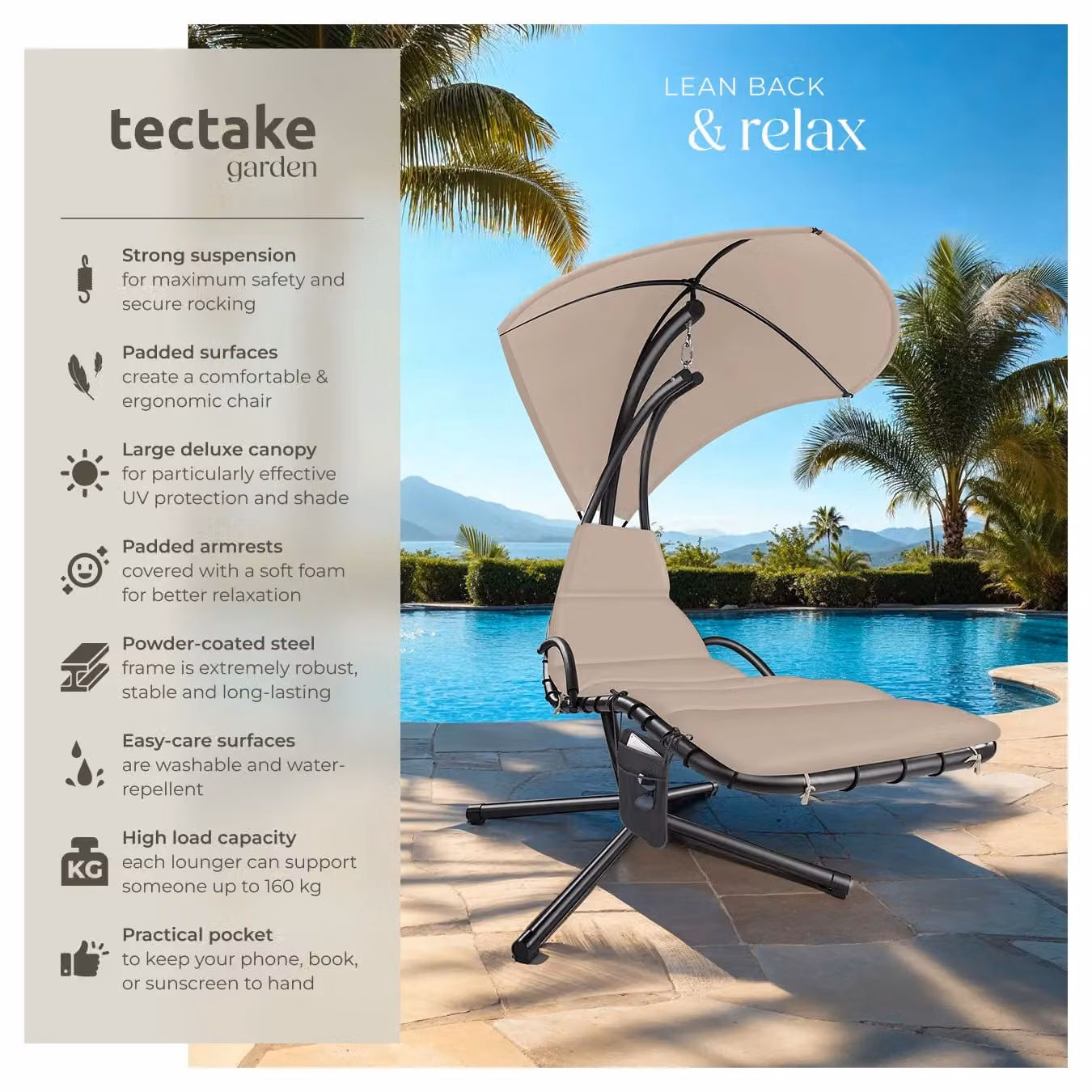 tectake Elaria Hanging Chair in Beige with UV-Protection Sun Canopy – 2