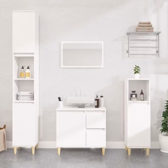 Berkfield Home 3 Piece Modern White Freestanding Bathroom Cabinet Set with Vanity Unit and Tall Cabinet