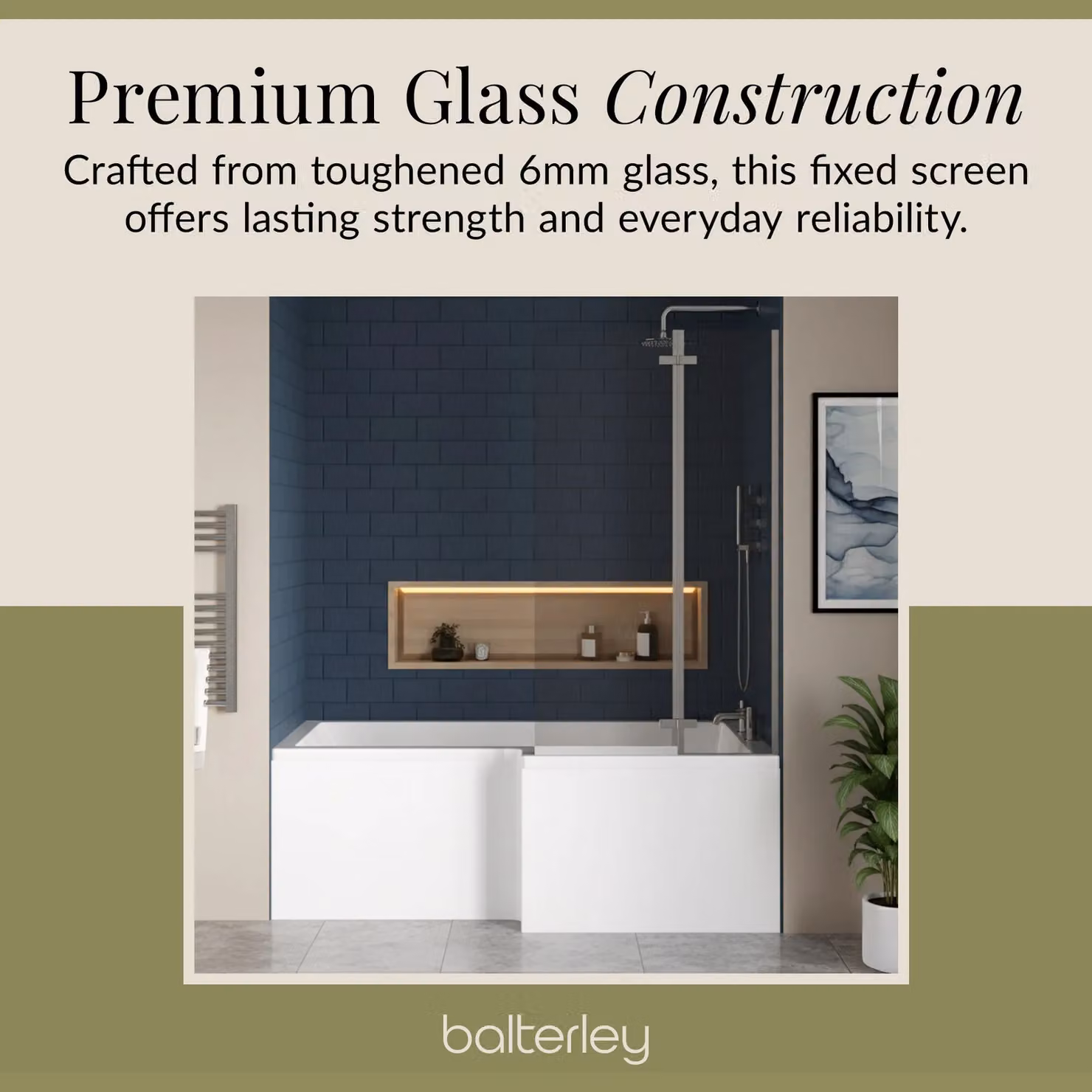 Balterley L-Shaped White Bath with Apron and Right-Hand 3-Panel Chrome Hinge Screen – 2