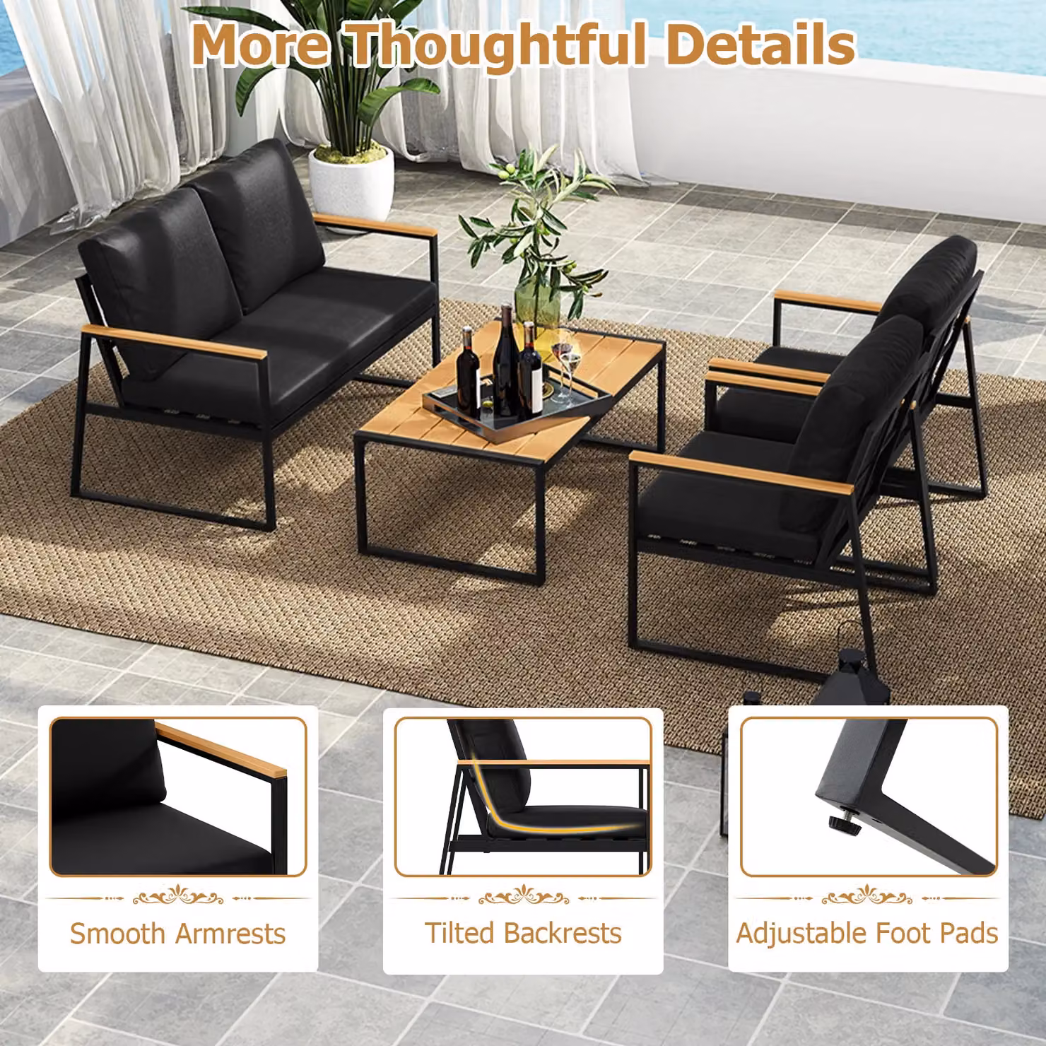 Costway 4-Piece Black Garden Furniture Set with Powder Coated Steel Frame, 2-Seater Sofa, Armchairs and Coffee Table – 3