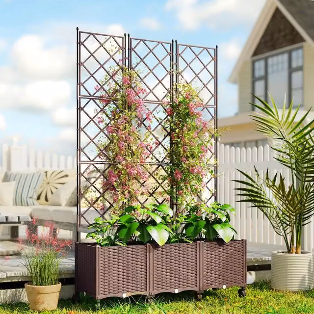 OUTSUNNY Brown Plastic Raised Planter with Trellis and Self-Watering Design, W/D/H: 120 x 40 x 192 cm – 1