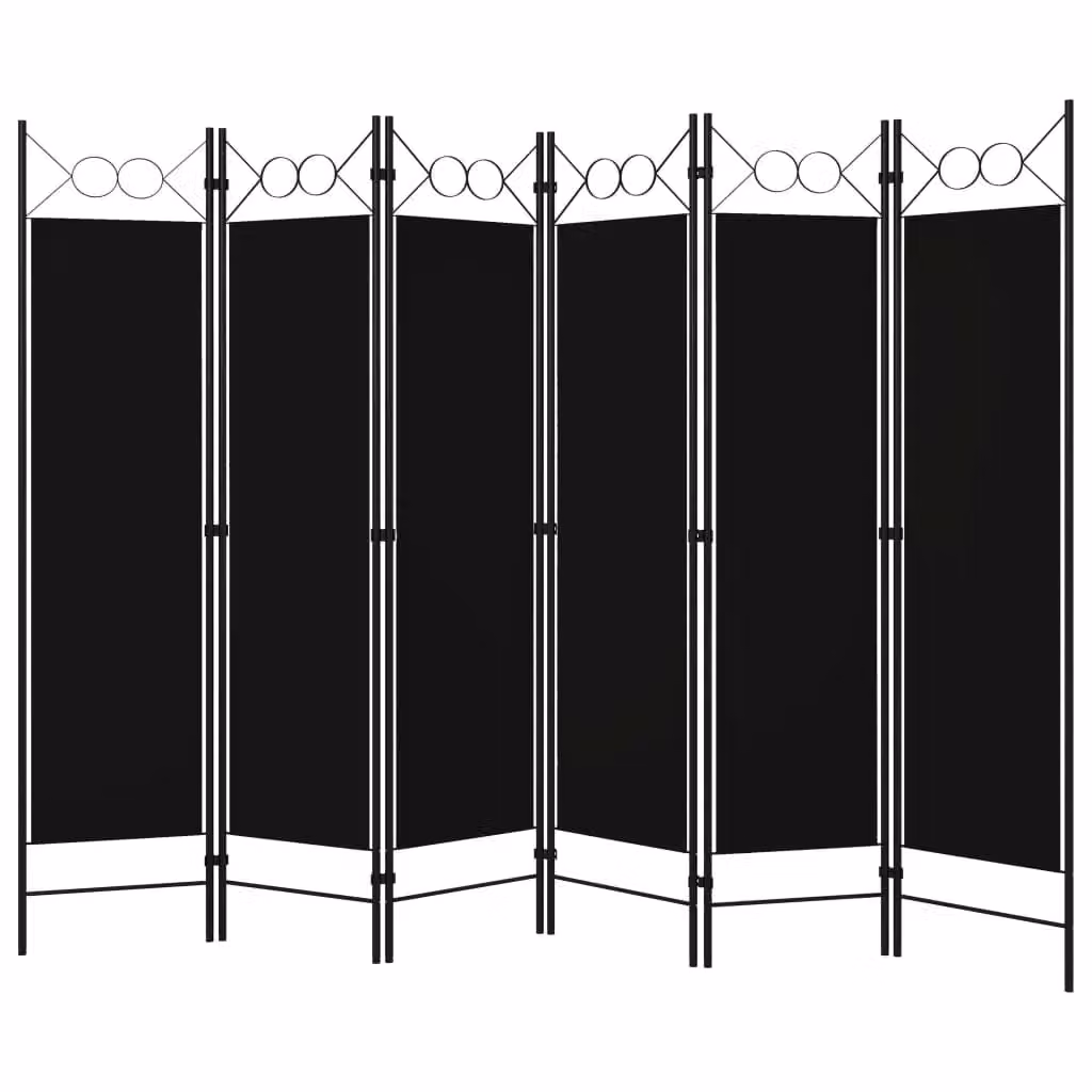 Berkfield Home 6-Panel Black Metal and Fabric Room Divider, H 180 cm x W 240 cm – 2