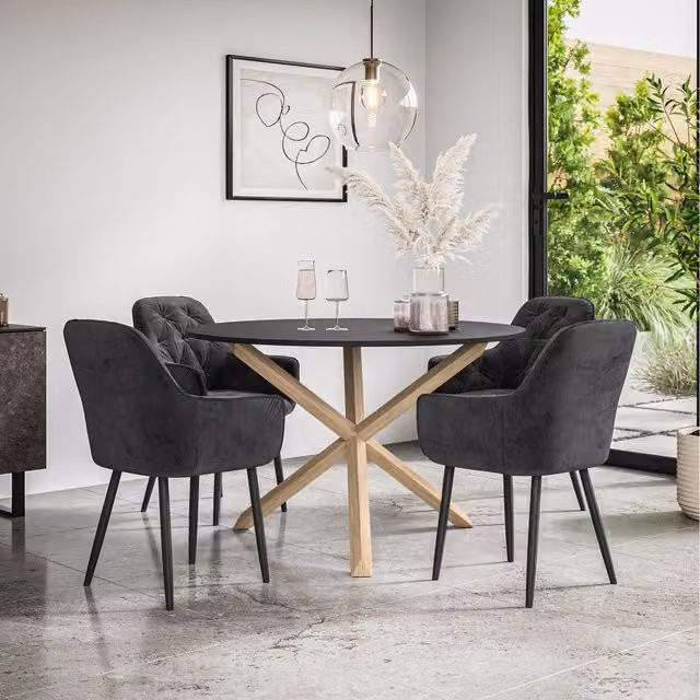 More4Homes Malvern Round Black Dining Table with 4 Anika Black Velvet Chairs and Oak Legs, Diameter: 120 cm, Height: 75 cm