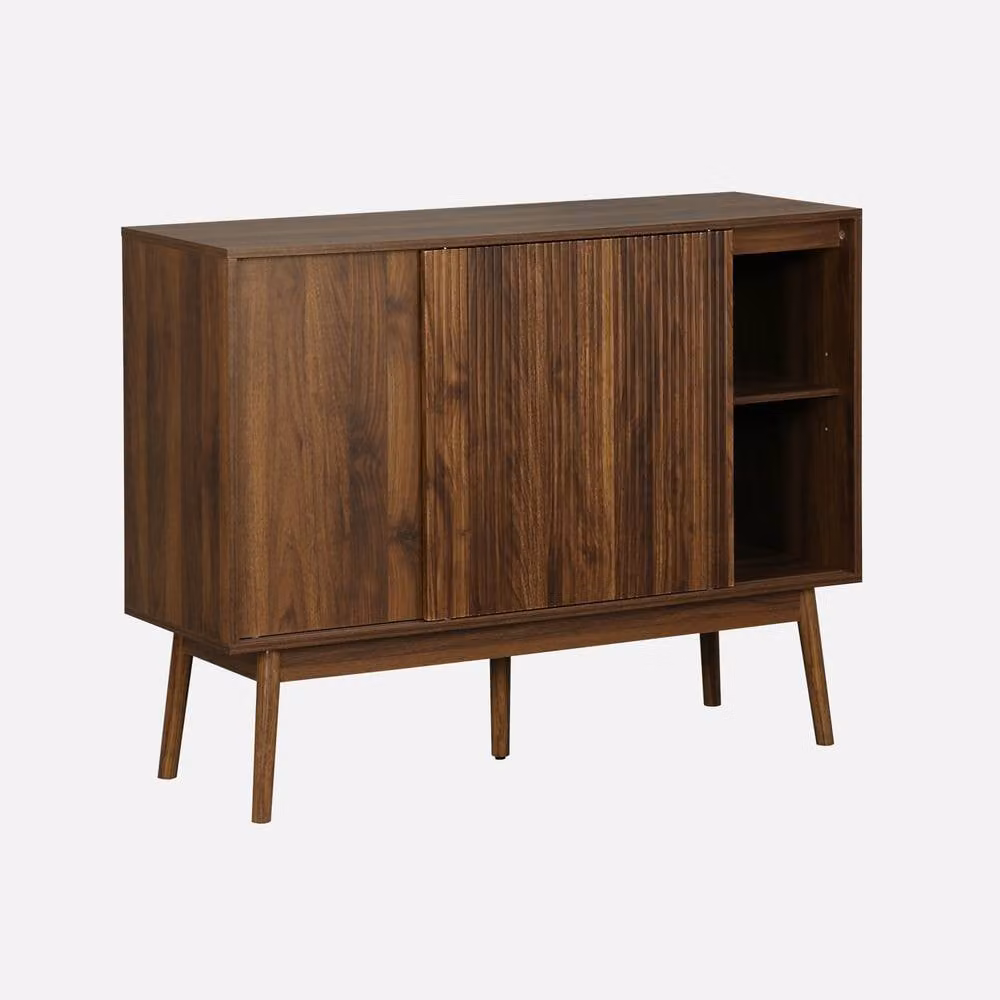 Sweekeec Scandinavian Style Buffet Storage Cabinet in Dark Brown Wood Effect with Glass Doors, Width: 115 cm – 1