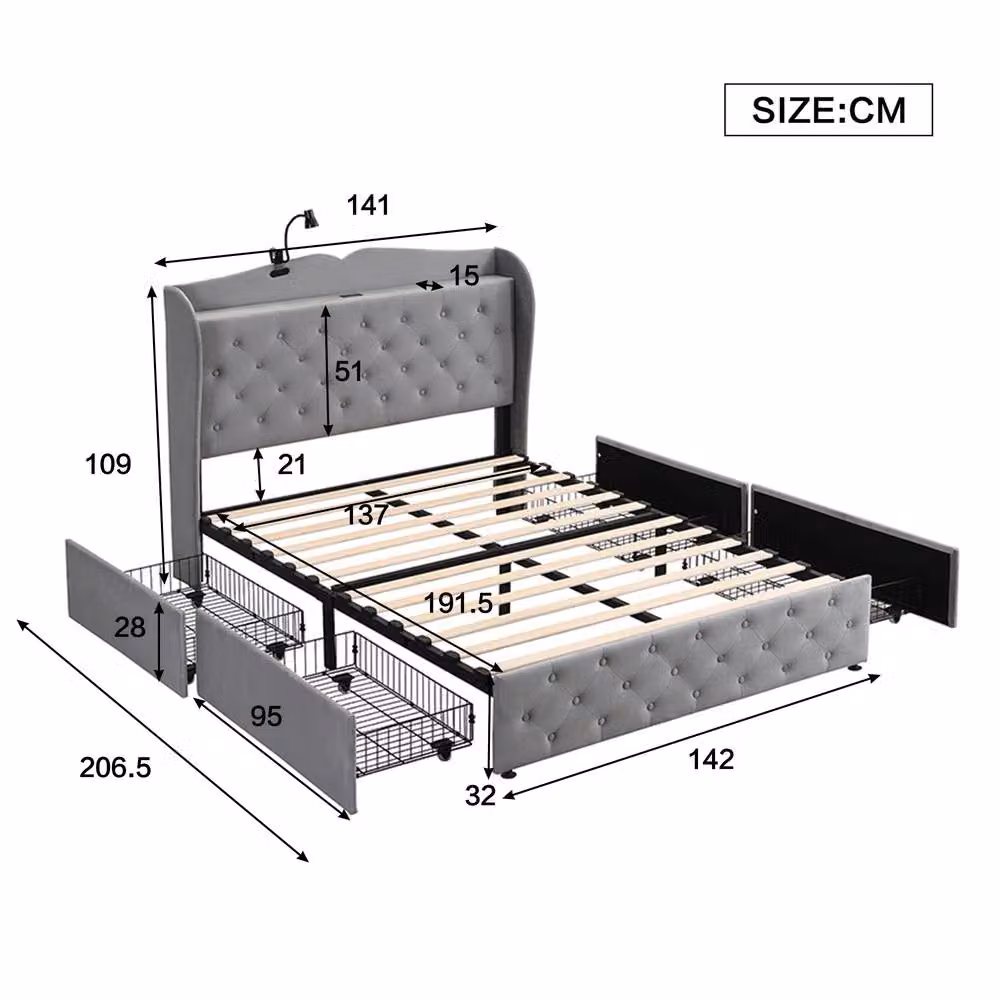 BTM Grey Velvet Single Bed with 4 Drawers, USB-C Charging Port and Integrated Reading Light, W/D/H: 90 x 200 x 113 cm – 4