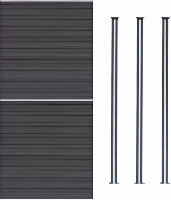 Monstershop Grey Double Sided Wood Grain Slatted Composite Fence Panels and Aluminium Posts with Solar Powered LED Lighting, W: 353 cm, H: 185 cm – 1
