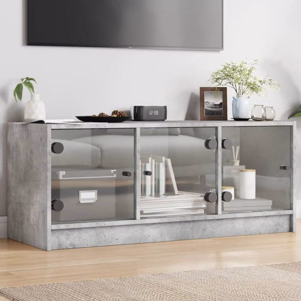 Berkfield Home TV Cabinet with Glass Doors in Concrete Grey, W/D/H: 102 x 37 x 42 cm – 2