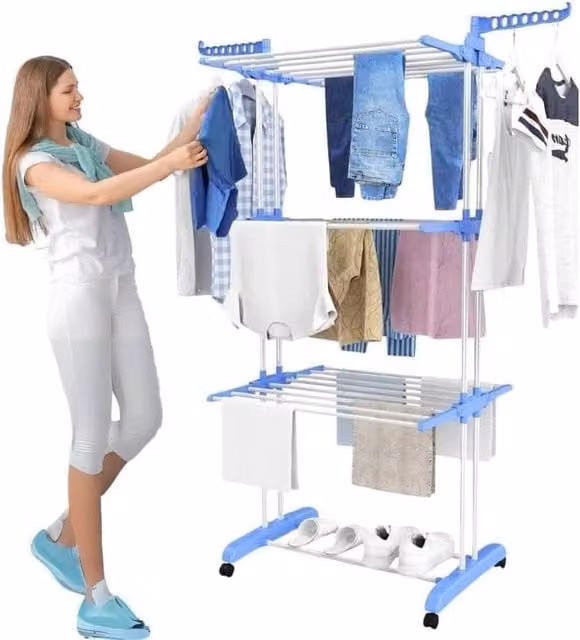 EONLION Foldable Coated Steel Clothes Drying Rack in Blue, Width: 100 cm