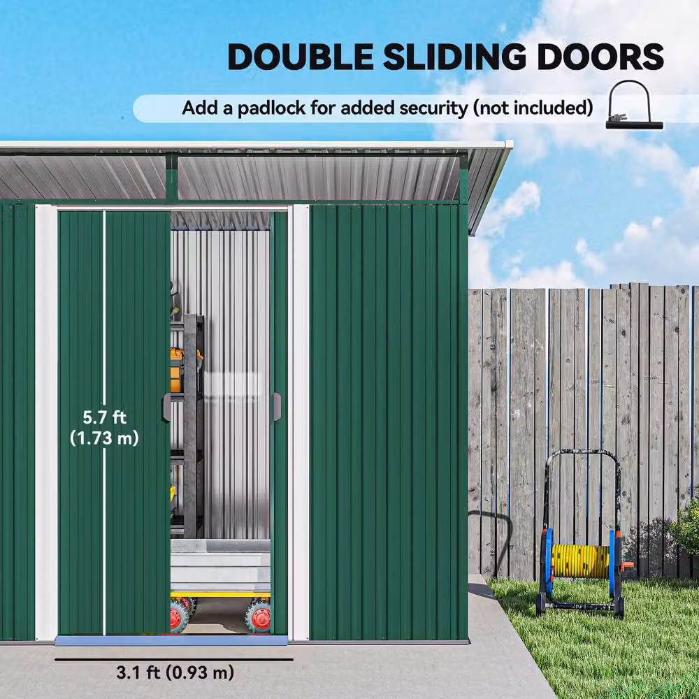 Rolipo Green Pent Metal Garden Shed with Sliding Doors and Window, W/D/H: 259.0 x 121.92 x 173.0 cm – 5