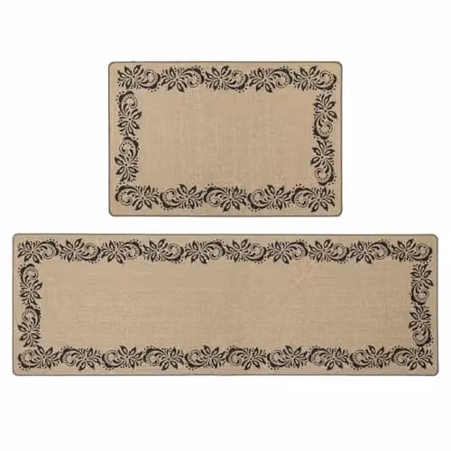 JVL Elegance Machine Washable Non-Slip Entrance Doormat and Runner Set with Floral Border in Black and Beige