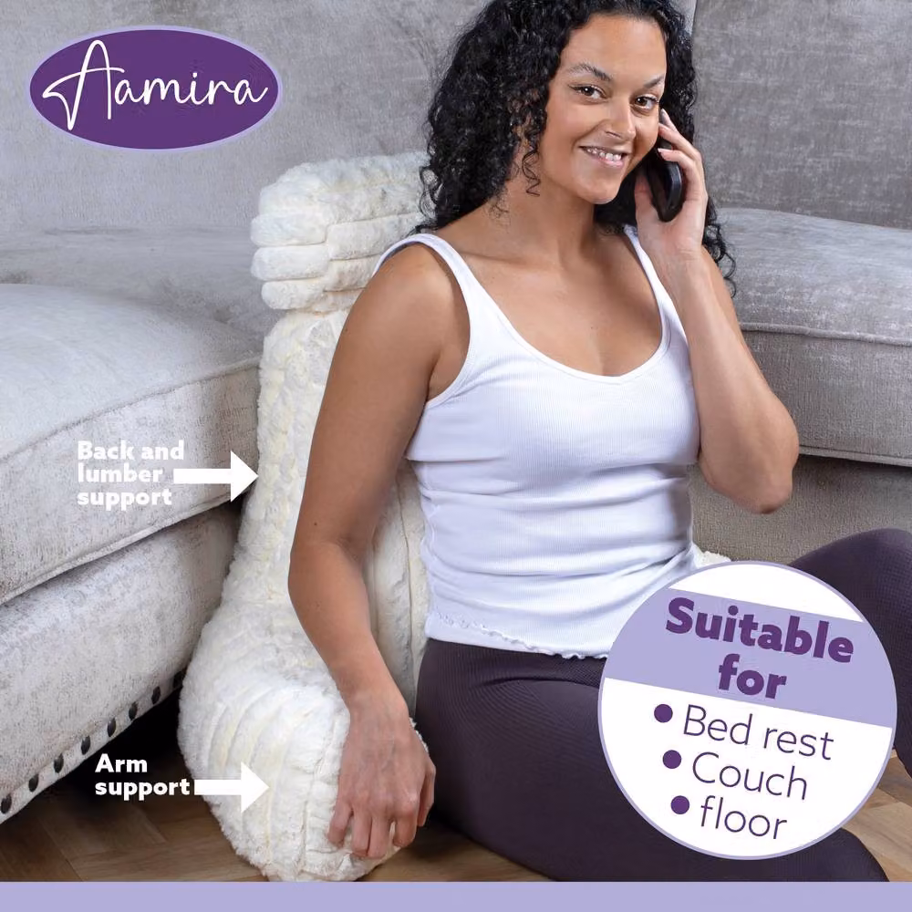 Aamira Beige Faux Fur Ribbed Memory Foam Wedge Reading Pillow for Back and Neck Support W/D/H: 66 x 50 x 50 cm – 6