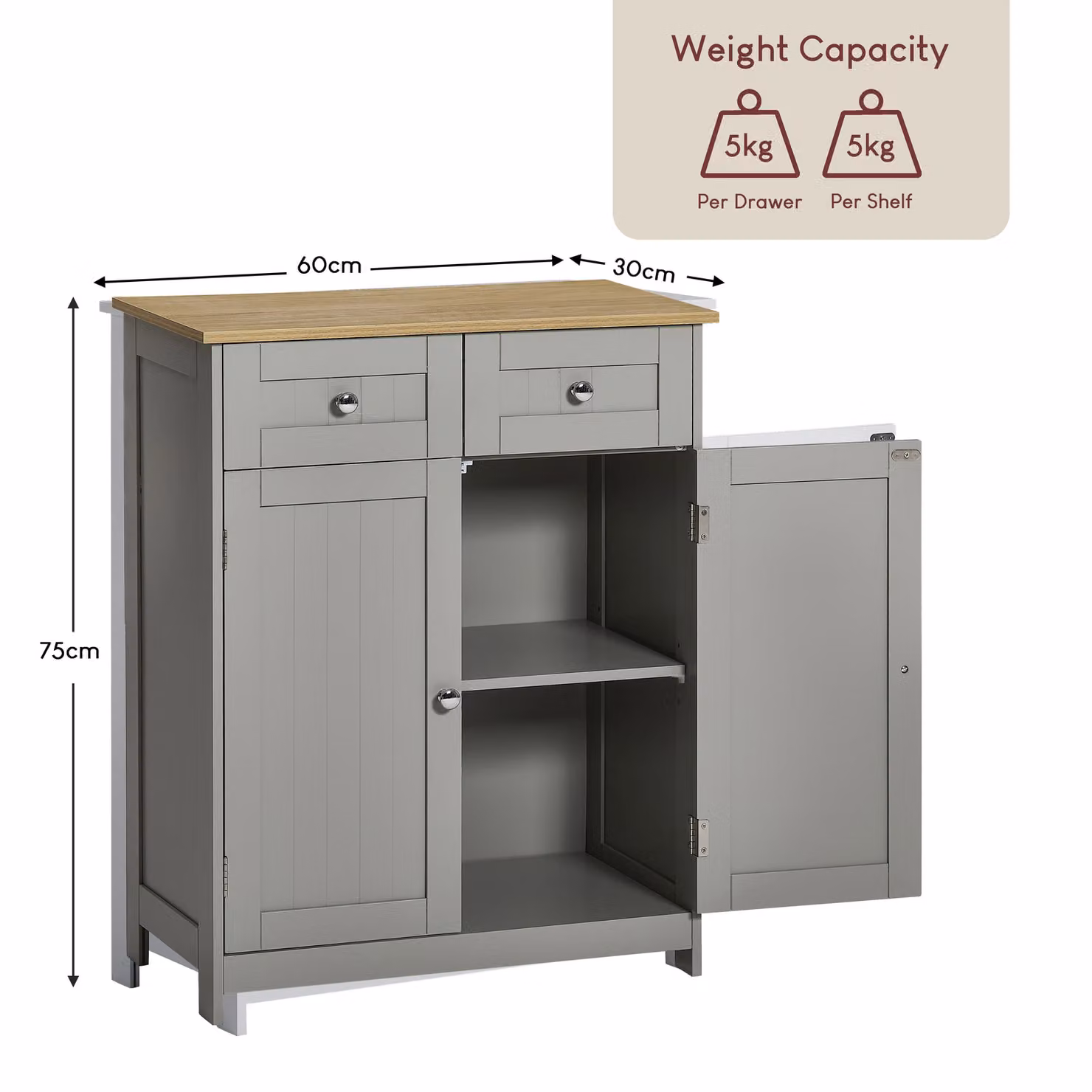 Home Discount Bath Vida Priano Grey Freestanding Bathroom Storage Cabinet with 2 Doors and 2 Drawers W/D/H: 75 x 60 x 30 cm – 2