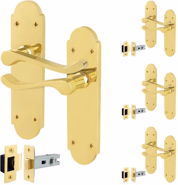 AFIT Polished Brass Door Handles with Latch, 4 Pairs in Gold, W/D/H: 15 x 15 cm