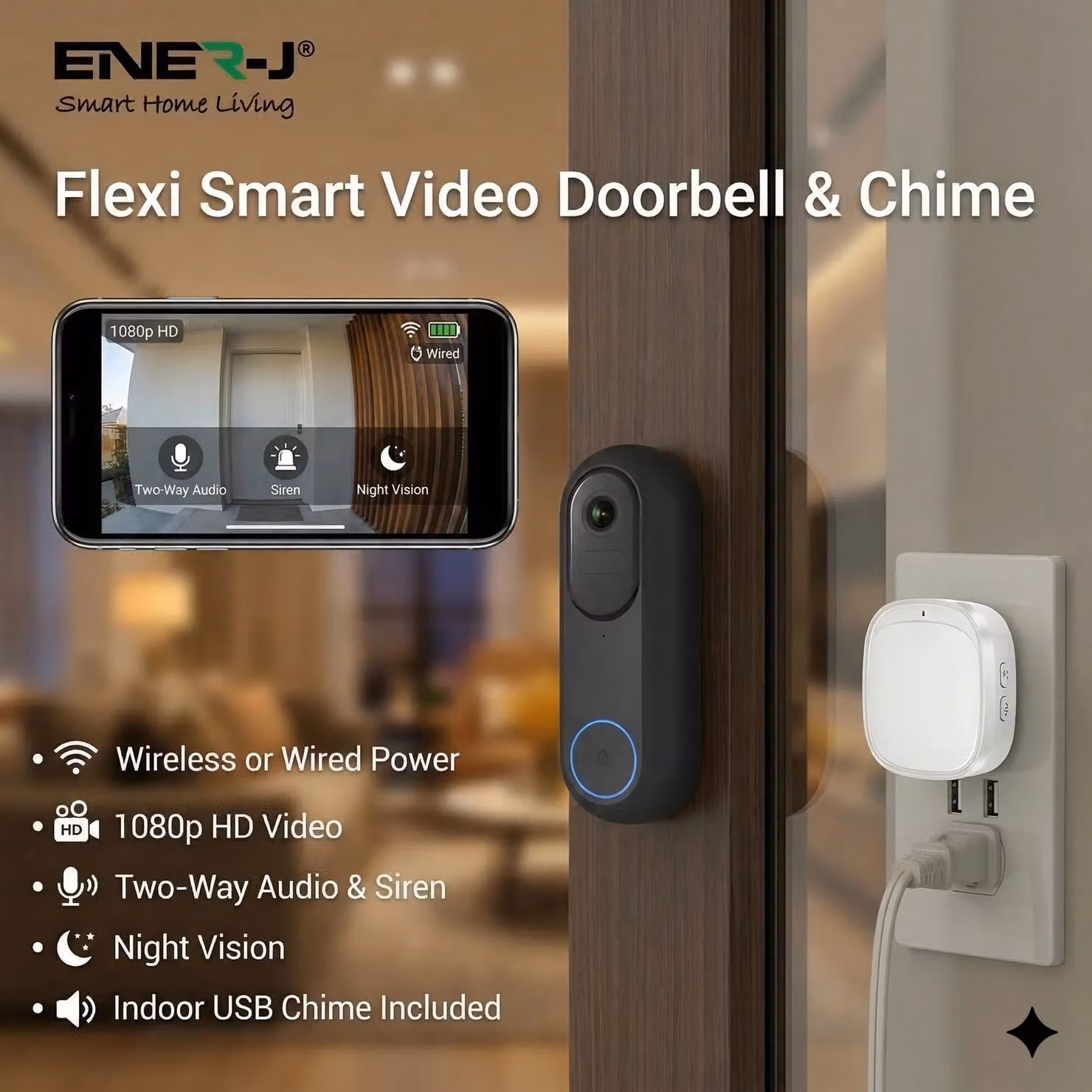 ENER-J Light Glow 1080P Wired and Wireless Video Doorbell Kit with 5200mAh Battery and USB Chime in Black – 4
