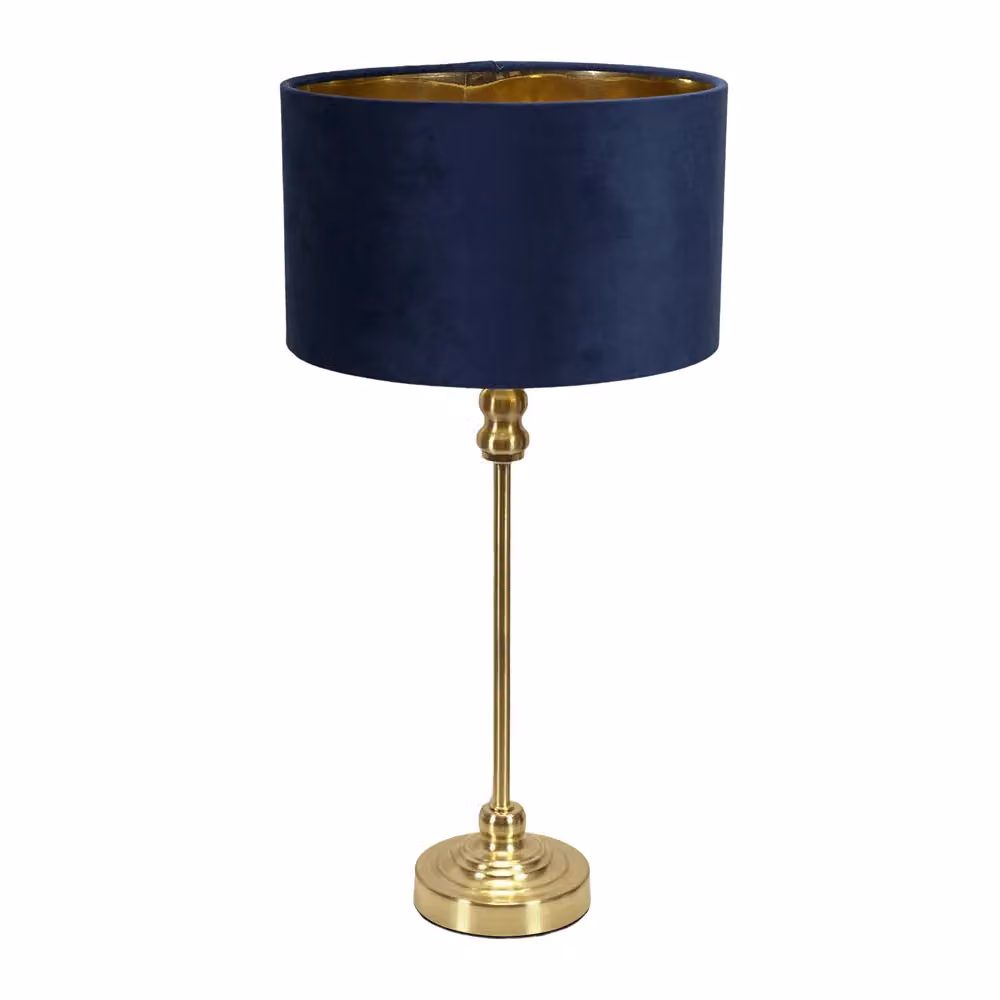 ValueLights Maggie Gold Candlestick Table Lamp with Blue Velvet Drum and Gold Inner Shade – 2