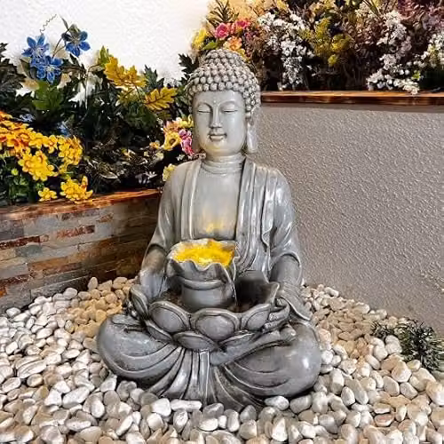 Tranquility Calm Reflection Oriental Tabletop Mains Power Water Feature in Natural Grey Resin, W/D/H: 48 x 41 x 72 cm – 2