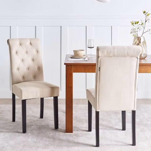 Wyld and Coco Set of 2 Sand Beige Fabric Dining Chairs with Black Pinewood Legs
