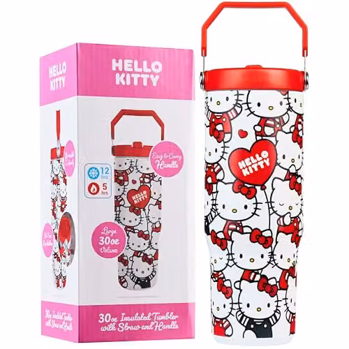 Get Trend Hello Kitty Sanrio Insulated Metal Travel Tumbler with Flip Up Straw and Handle, Multicolour, 850ml