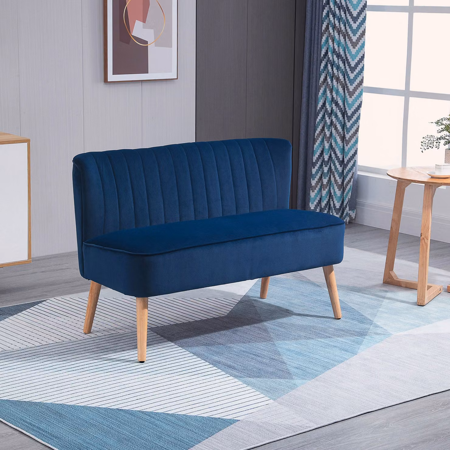HOMCOM Modern Double Seat Velvet Sofa in Blue with Solid Wood Frame and Mixed Padding – 2