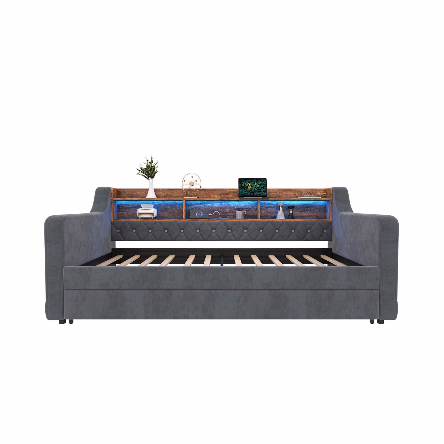 Aosom UK Modern Velvet Upholstered Sofa Bed with Pull-Out Frame, LED Lighting and USB Charging, Dark Grey, W: 201 cm, D: 107 cm, H: 75 cm – 2