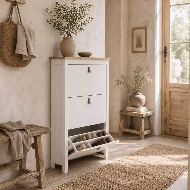 Wyld Haus Makeve White and Oak Effect 3 Drawer Tilt Out Shoe Cabinet