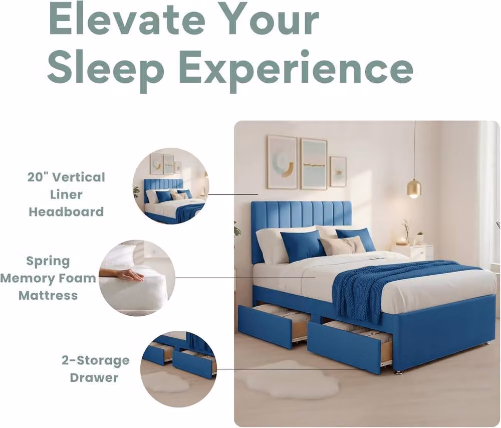 Bed Time UK Luxe Double Divan Bed with 2-Drawer Storage, Hybrid Memory Foam Mattress and Headboard, Blue, W/D/H: 140 x 200 cm – 2
