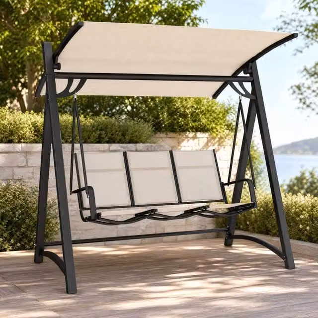 STILVORA 3 Seater Swing Chair with Adjustable UV-Resistant Canopy in Beige