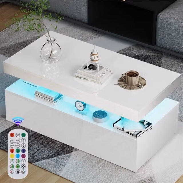 Nordara Modern White High Gloss LED Coffee Table with 2 Drawers and Lift Mechanism