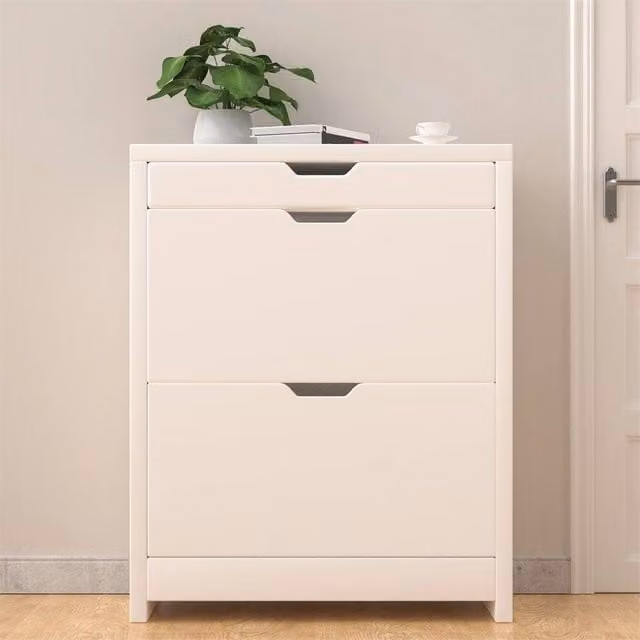 Nordara White Modern Freestanding Shoe Cabinet with 2 Internal Drawers and Tilting Compartments, W: 110 cm, D: 35 cm