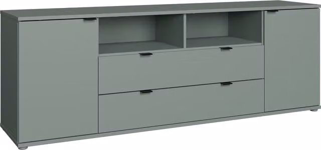 Furniture To Go Ganymede Wide Modern TV Unit with Open Shelving, 2 Drawers and 2 Doors in Sage Green