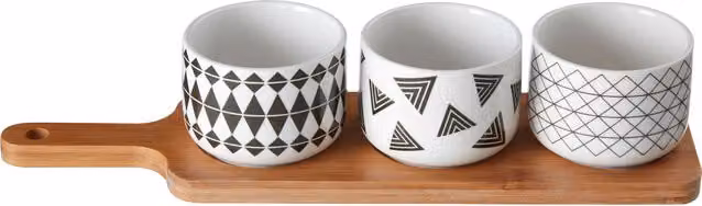 Orsina Bamboo Serving Board with Three Geometric Patterned White and Brown Porcelain Dishes