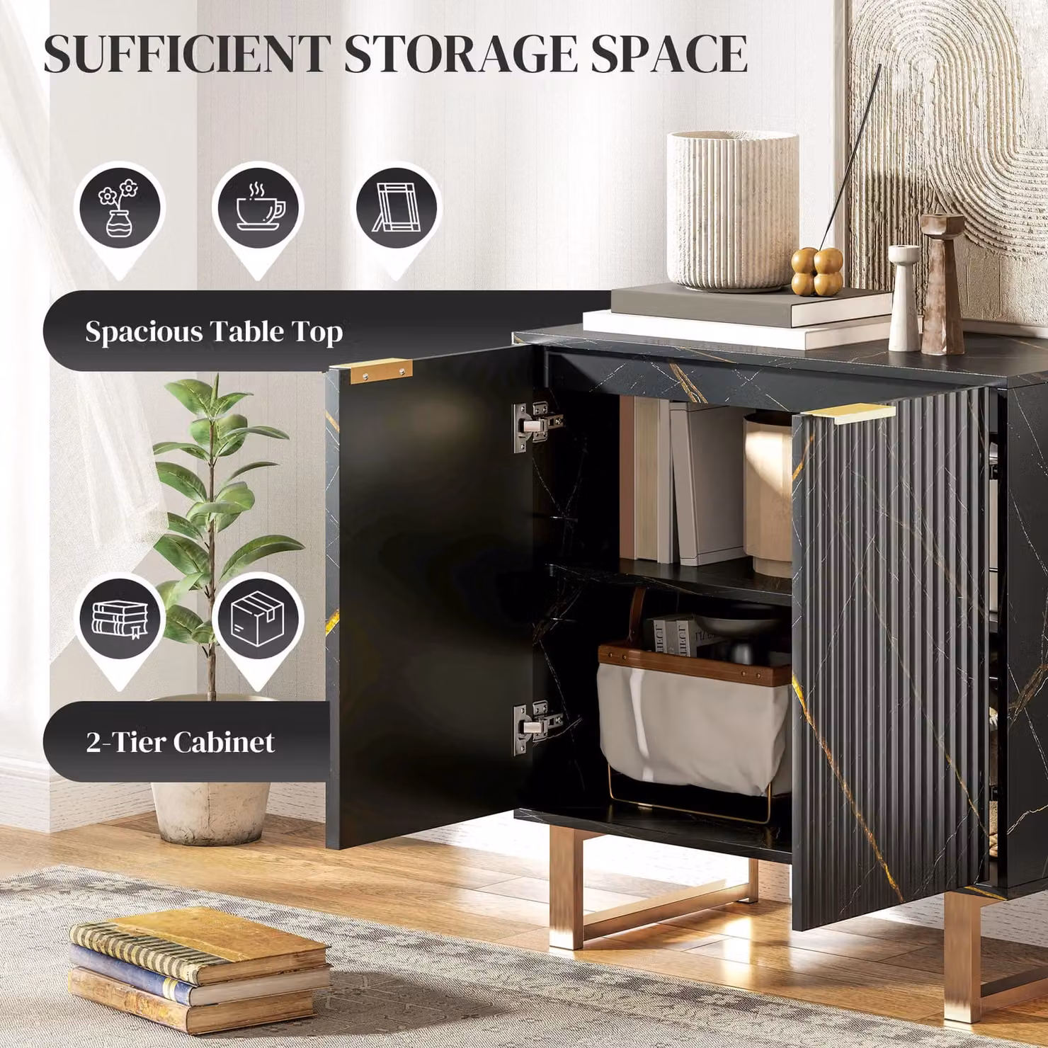 HOMCOM Modern Black Sideboard Buffet Cabinet with 2 Doors and Adjustable Shelves – 3