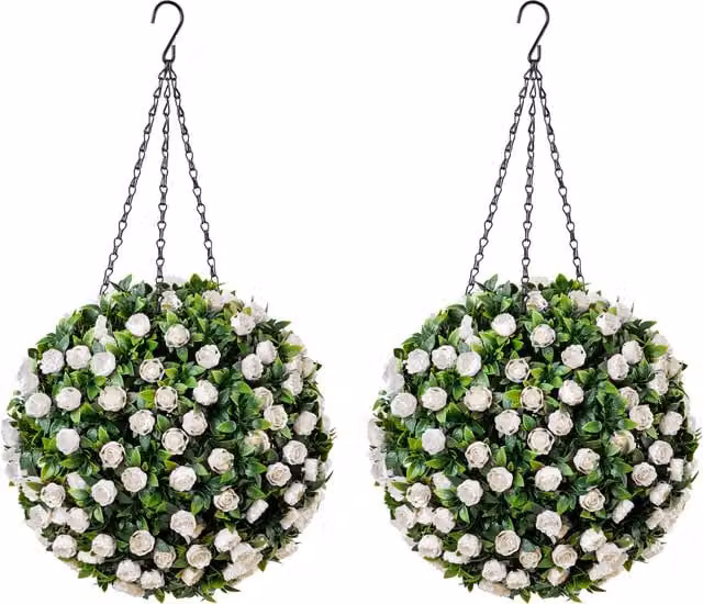 Christow Set of 2 White Artificial Rose Topiary Hanging Floral Balls