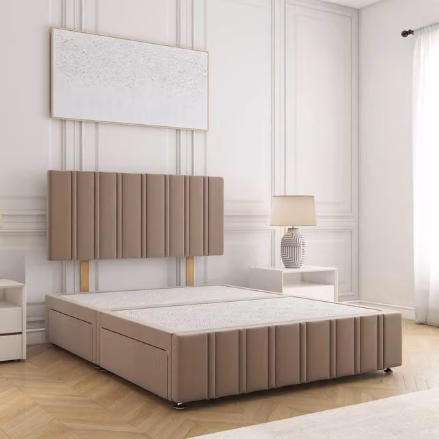 BSSPOKE Isabella Double Divan Bed in Taupe Velvet with 24 inch Headboard and 2 Drawers W/D/H: 140 x 200 cm