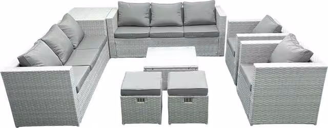 Fimous Outdoor Rattan Garden Furniture Set in Light Grey with 2 Armchairs, Square Coffee Table, 2 Small Footstools and Side Table