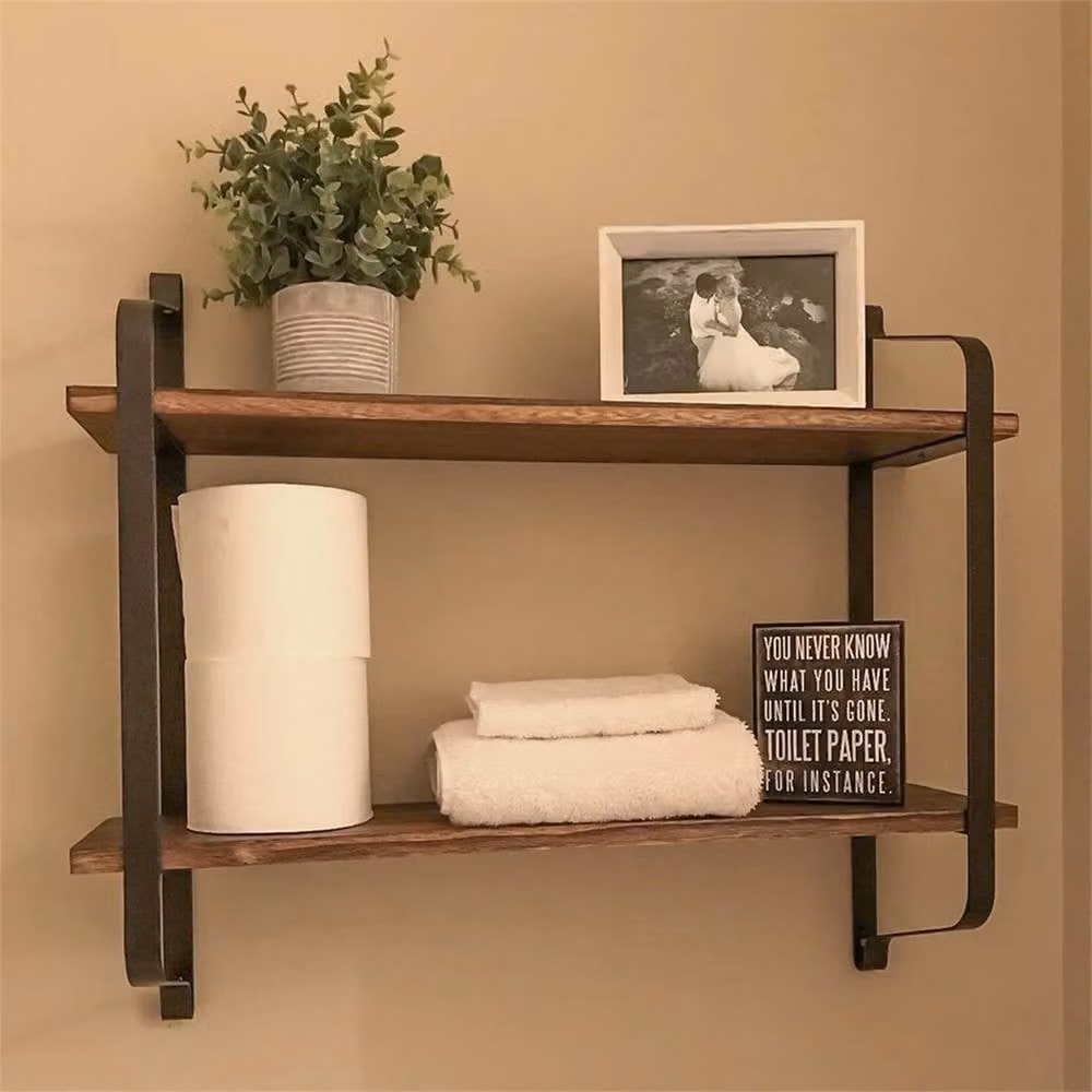 KORVIXA 2 Tier Wall Mounted Shabby Chic Pine Shelving in Brown and Black, Width: 90 cm – 2