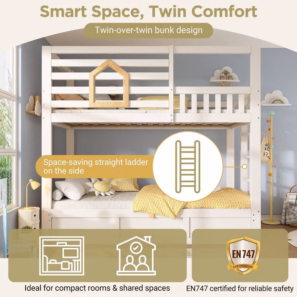 Merax White Kids Bunk Bed with Hydraulic Storage and House Frame, Single Size, W/D/H: 90 x 190 x 184 cm – 3