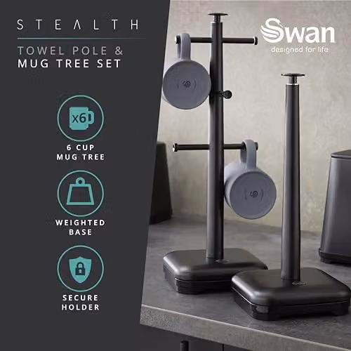 Swan Stealth Metal Kitchen Towel Pole and 6 Cup Mug Tree Set with Weighted Base, Black – 5
