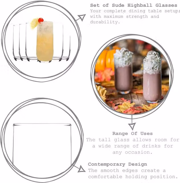 LAV Sude Transparent Glass Highball Tumbler Set of 12, 415ml – 1