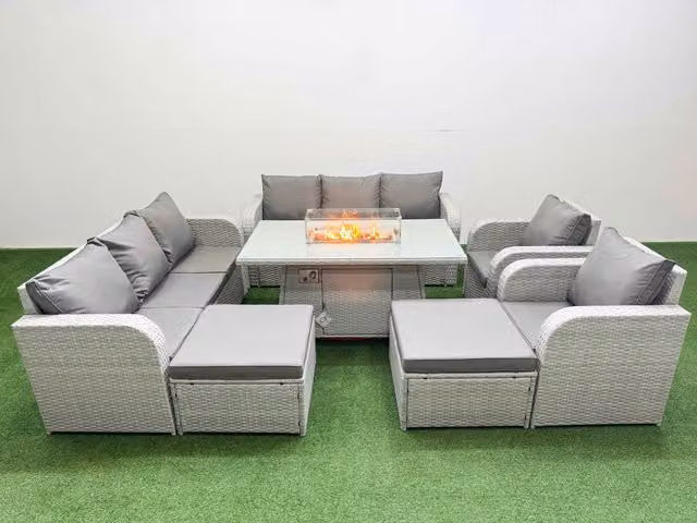 Fimous PE Rattan High Back Lounge Sofa Set with 3 Seater Sofa, Reclining Chair, 2 Footstools and Firepit Dining Table in Light Grey